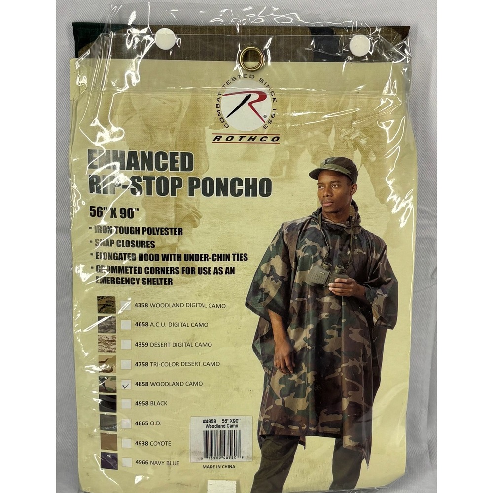 Rothco Enhanced Ripstop Poncho Mens Woodland Camo Rain Shelter Gear 4858 56x90